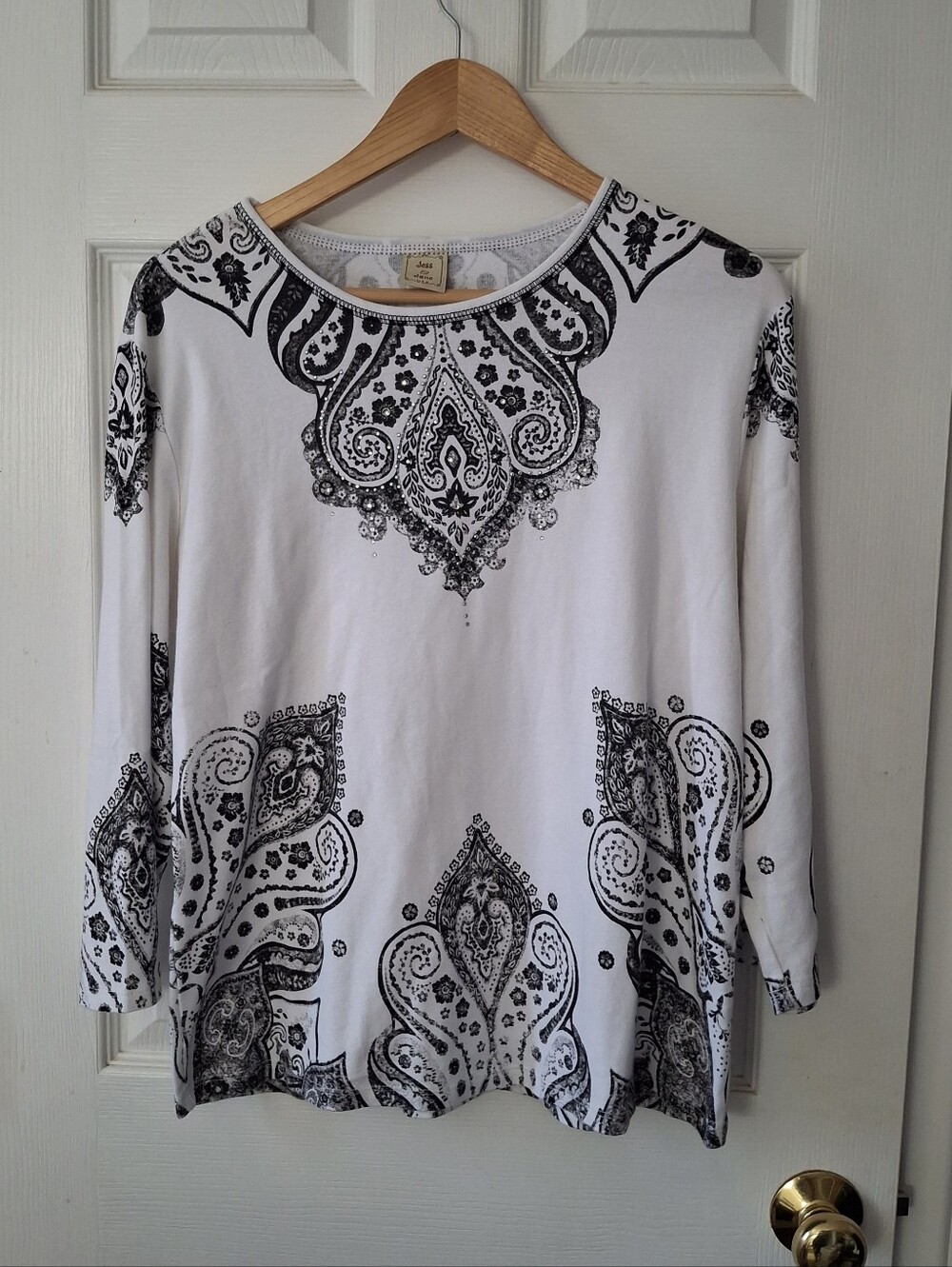 Vtg Jess & Jane Top Wms XL White Black Paisley Medallion Boho 3/4 Sleeve Cotton